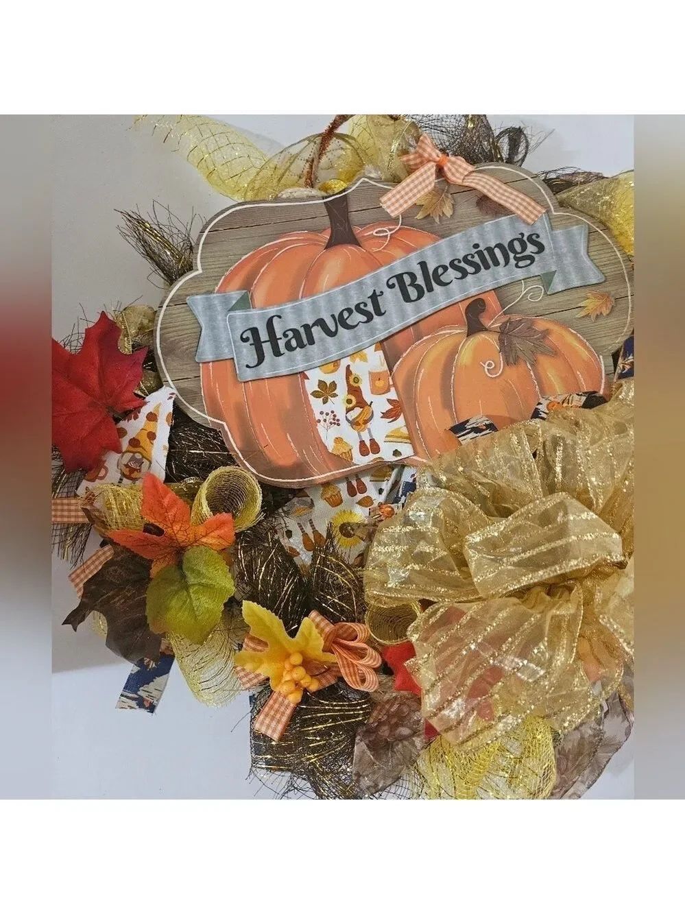 Hand Crafted handmade holiday wreath Harvest Blessings Gnome fabric plaid ribbon